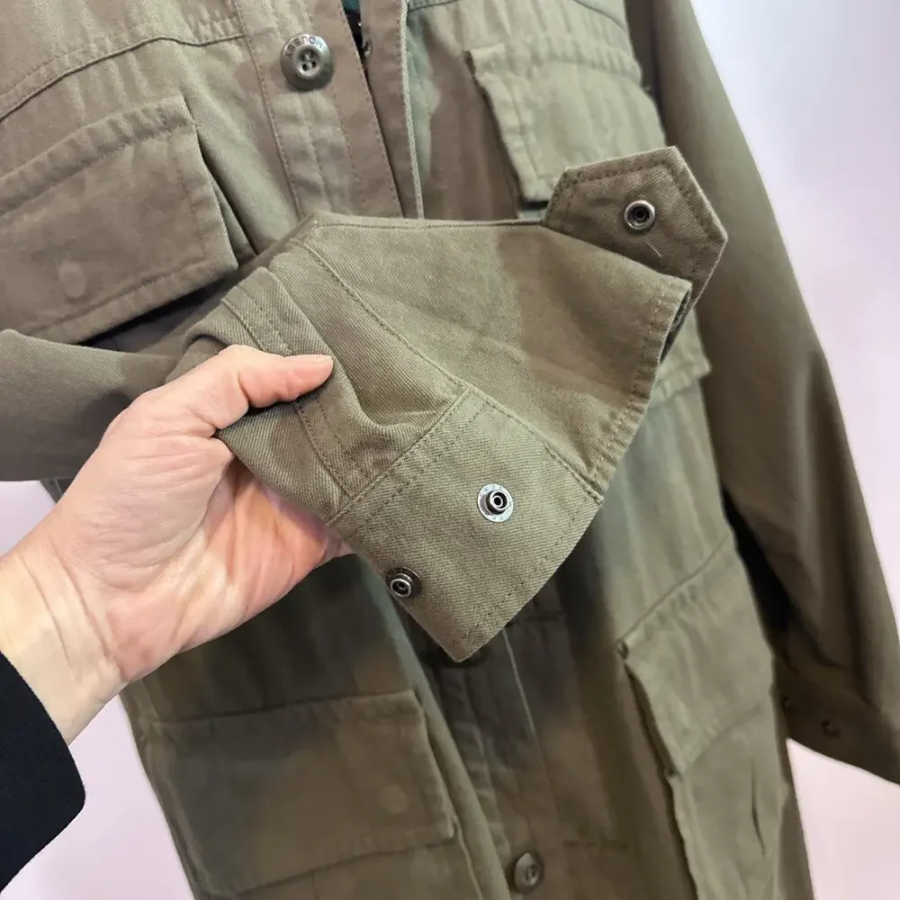 Moussy Olive Green Military Utility Button Front Jacket Logo Belted‎ Size Free